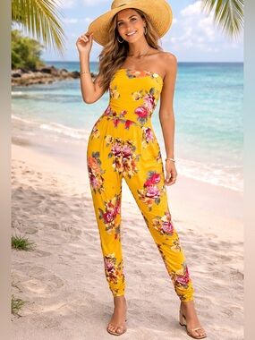 HEART & HIPS yellow floral tube with pocket ruched summer jumpsuit PIT 18-23”